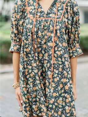 entro navy Floral dress with Peach and Cream Flowers